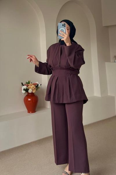 Piliseli Pantolon Tunik Takım Çikolata