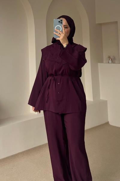 Kadın Nakışlı Mendil Yaka Pantolon Takım Mürdüm