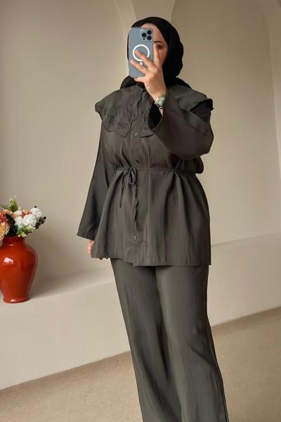 Kadın Nakışlı Mendil Yaka Pantolon Takım Haki