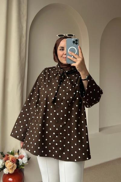 Kadın Puantiyeli Bağcıklı Gömlek  Kahverengi