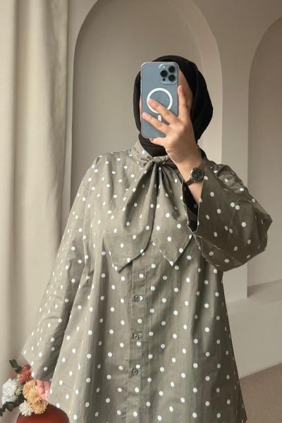 Kadın Puantiyeli Bağcıklı Gömlek  Yeşil