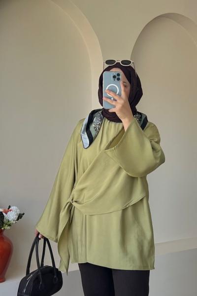 Kadın Şallı Bluz / Yandan Bağlamalı Oversize Bluz Yağ Yeşili