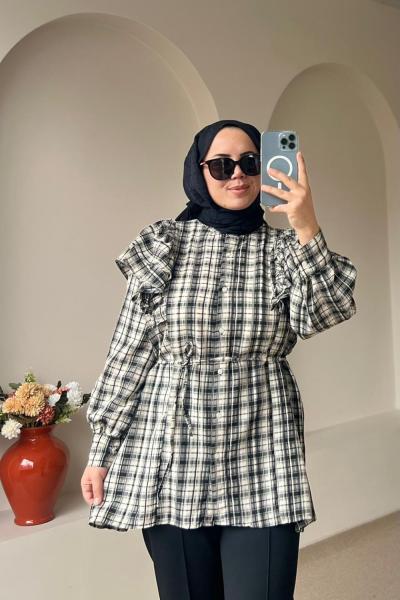 Kadın Bağcıklı Ekose Gömlek / Fırfır Kol Detaylı Ekru