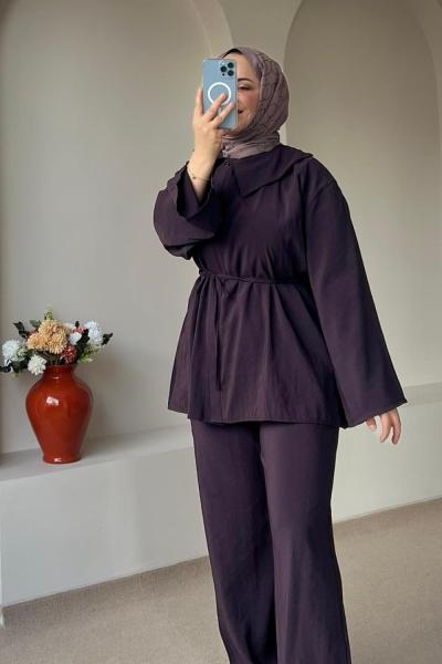 Mendil Yaka Düğmeli Takım / Pantolonlu Takım Mürdüm