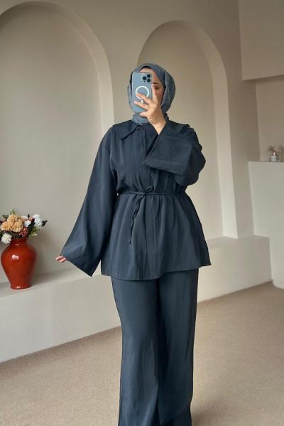 Mendil Yaka Düğmeli Takım / Pantolonlu Takım Gri