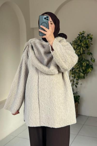 Asimetrik Kesim Pelerin Yaka Kaban Bej