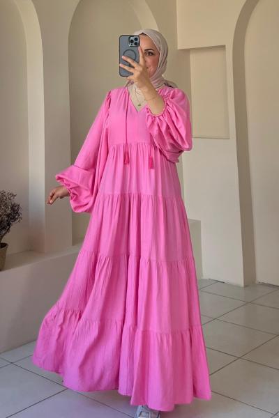 Balon Kol Elbise Pembe