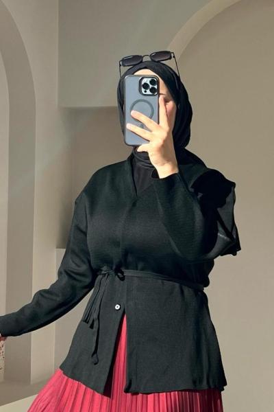 Ceket Görünümlü Merserize Hırka Siyah