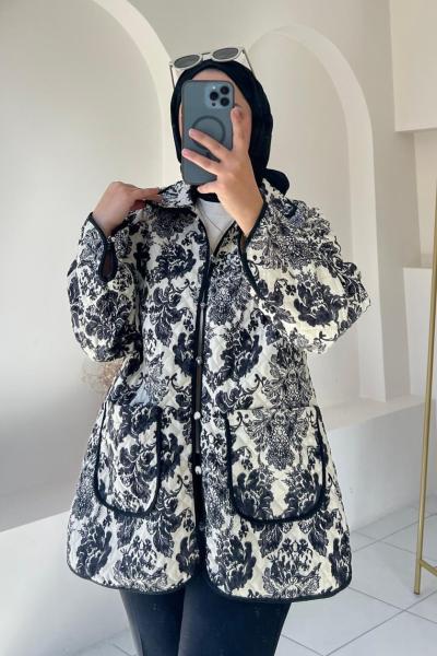 Desenli Kapitone Ceket Siyah