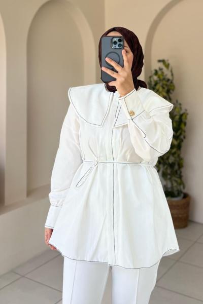 Dikiş Detaylı Oversize Tunik Beyaz