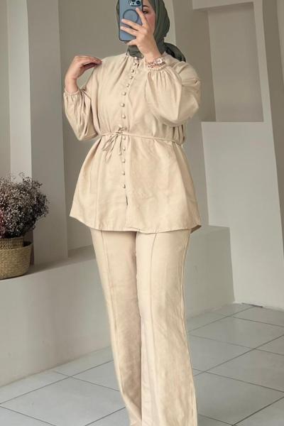 Düğmeli Bağlamalı İkili Takım Vizon