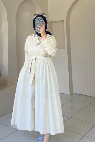 Düğmeli Cepli Kemerli Elbise Bej