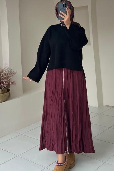 Fermuar Detaylı Şık Etek Bordo