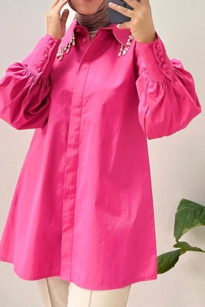 Hoops İncili Sivri Yaka Gömlek Tunik Fuşya