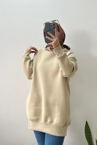 İçi Şardonlu Üç İplik Sweatshirt Krem