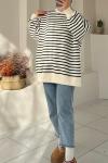 İçi Şardonlu Çizgili Sweatshirt  Siyah