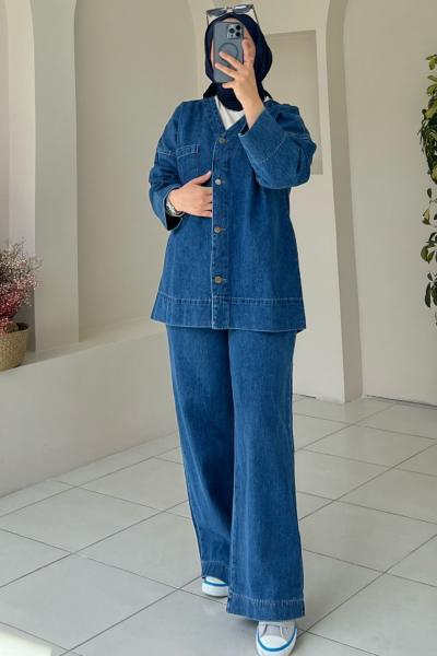 KADIN DÜĞMELİ PANTOLONLU KOT TAKIM Koyu Kot