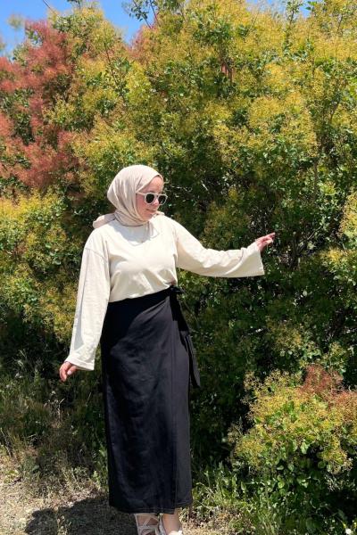 Keten Bağlamalı Etek Siyah