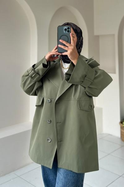 Kısa Trençkot Model Ceket Yeşil