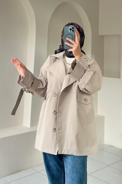 Kısa Trençkot Model Ceket Taş Rengi