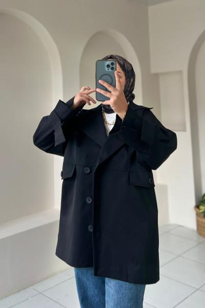 Kısa Trençkot Model Ceket Siyah