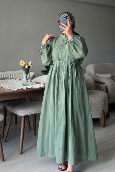 Önü Pileli Uzun Elbise Yeşil