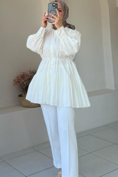 Pilise Detaylı Gömlek Beyaz