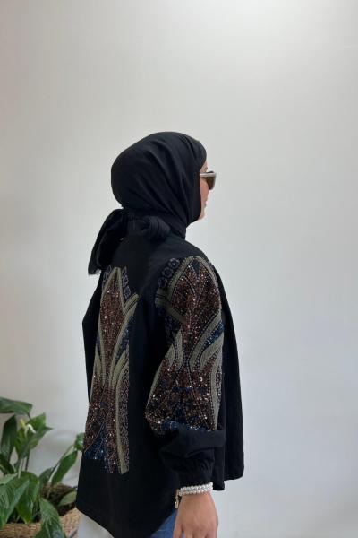 Pul Payet İşlemeli Şık Kimono Siyah