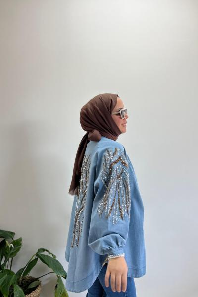 Pul Payet İşlemeli Şık Kimono Açık Mavi