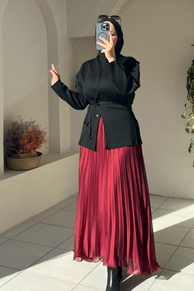 Şifon Pliseli Uzun Etek Bordo