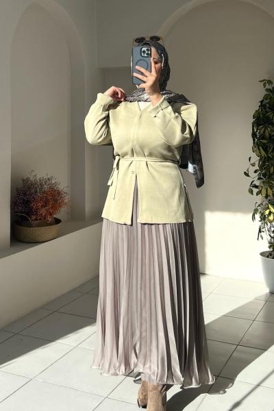 Şifon Pliseli Uzun Etek Vizon