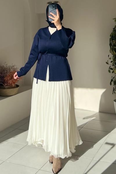 Şifon Pliseli Uzun Etek Krem