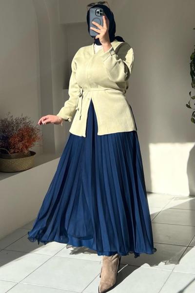 Şifon Pliseli Uzun Etek Lacivert