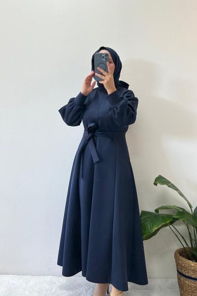 Şık Scuba Kumaş Tam Boy Elbise Lacivert