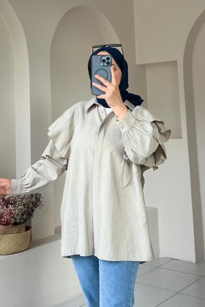 Volan Detaylı Paraşüt Kumaş Tunik Taş Rengi