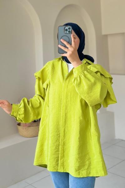 Volan Detaylı Paraşüt Kumaş Tunik Yeşil