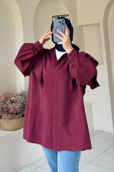 Volan Detaylı Paraşüt Kumaş Tunik Bordo