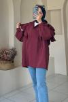 Volan Detaylı Paraşüt Kumaş Tunik Bordo