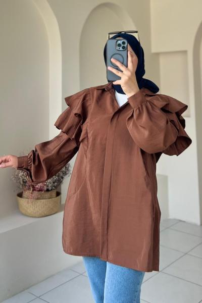 Volan Detaylı Paraşüt Kumaş Tunik Kahverengi