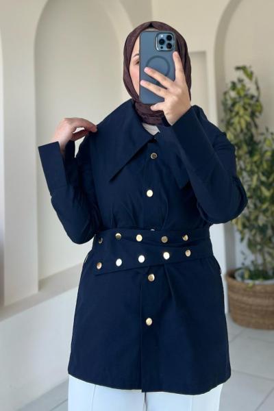 Yakalı, Kemerli Gömlek Lacivert