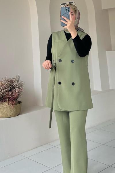 Yandan Bağlamalı Yelekli Takım Yeşil