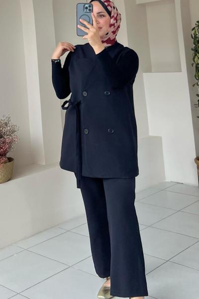 Yandan Bağlamalı Yelekli Takım Siyah