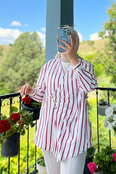 Yandan Bağlamalı Çizgili Gömlek Bordo