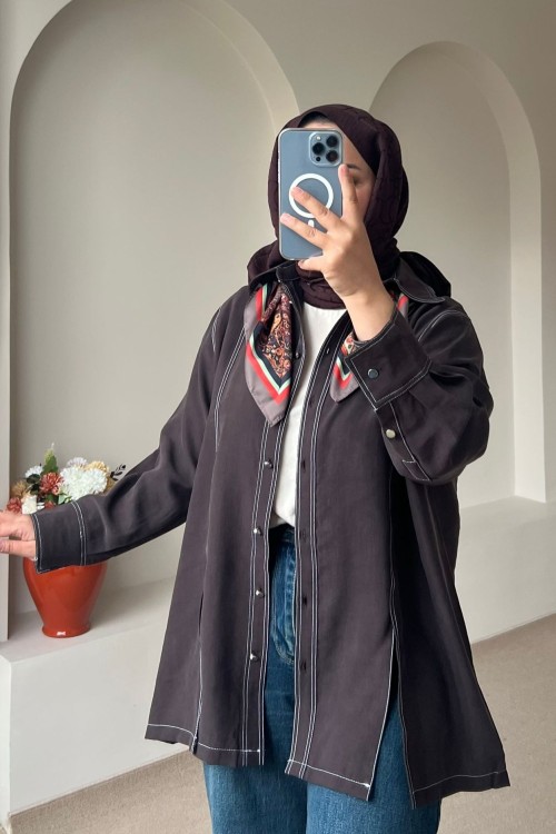 Kadın Gardenya Çift Dikiş Detaylı Gömlek Acı Kahve