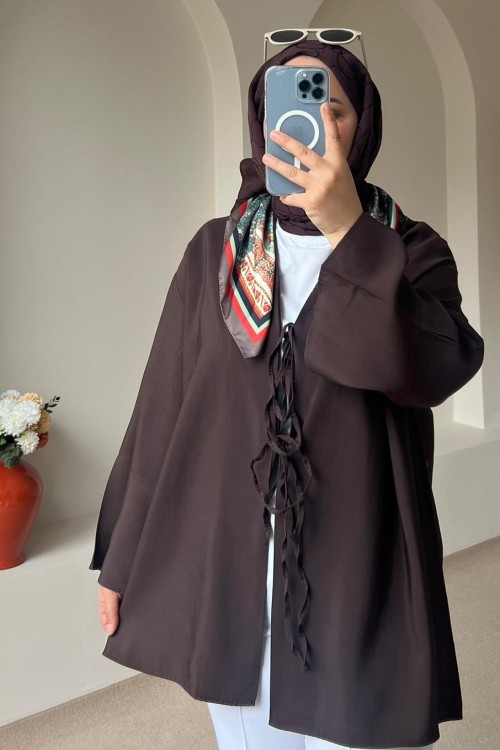 Kadın Pervazlı Bağcıklı Tunik / Önden Bağlamalı Tunik Kahverengi