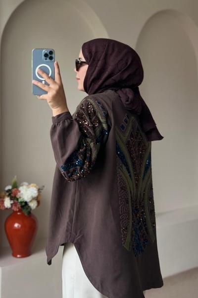 ✨ Pul Payet İşlemeli Kimono ✨ Kahverengi