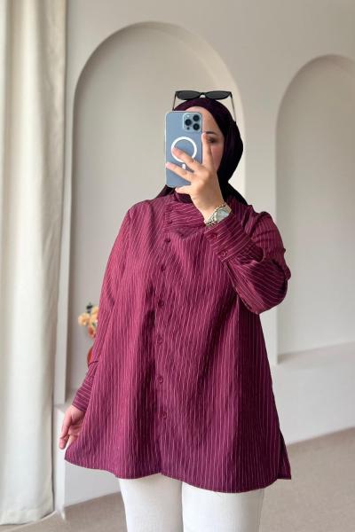 Kadın Gömlek / Asimetrik Yaka Çizgili Gömlek Bordo