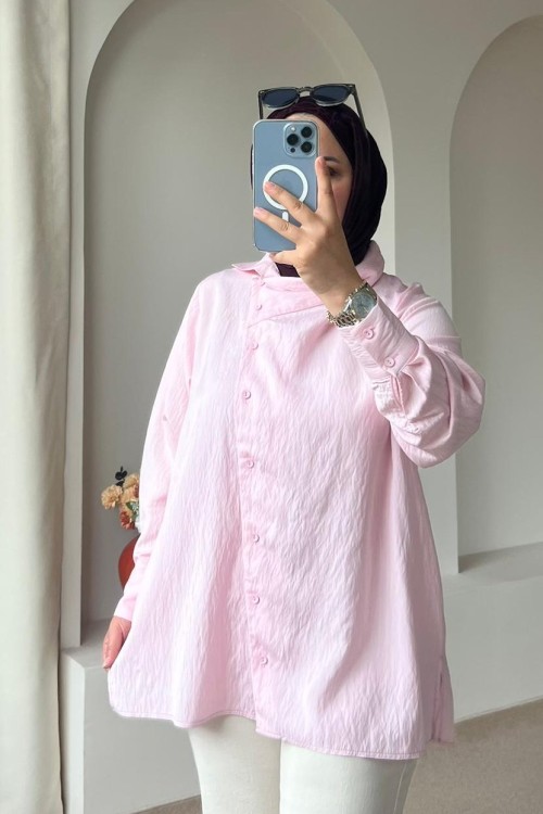 Kadın Gömlek / Asimetrik Yaka Çizgili Gömlek Pembe