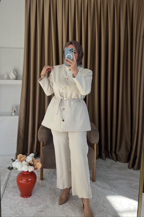 Kadın Pantolon Takım / Gold Düğme Detaylı Taş Rengi