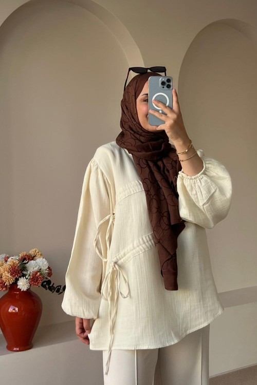 Kadın Keten Tunik | Tünelli Bağcıklı Tunik Krem